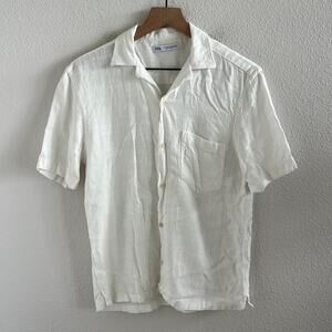 Zara Button Front Collar Textured Linen Blend Top Blouse Shirt Medium